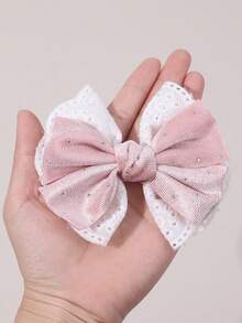 2pcs Pink Lace Bow Hair Clips, Shiny Rhinestone Satin Bow Hair Clips, Sweet Pastoral Style Hair Accessories For Girls And Teenagers, Daily, Vacation, Party Wear, Gift - Pink - View 7