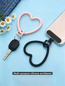 Heart-Shaped Silicone Phone Wrist Strap, Cat-Shaped Spring Buckle Anti-Loss Design, Phone Case Back Adhesive Fixing Clip Connector, Convenient Travel Anti-Drop Hanging Accessory, Cute Style Versatile Wrist Strap, Outdoor Shopping Travel Portable Phone Lanyard, Hand Strap, Smartphone Hanging Accessory - Multicolor - View 5