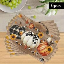 1/4/6pcs Autumn Series Plaid Bow Pumpkin Sunflower Pattern Printed Placemats, Heat-Resistant Table Mats For Home Kitchen/Dining Table Protection, Party Decor - Multicolor - View 15