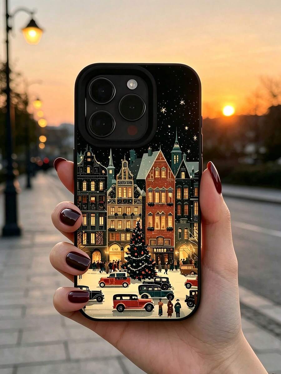 1pc Personalized Christmas Night Street Scene Aesthetic Pattern Black Liquid Straight Edge Phone Case Compatible With IPhone 16/16Pro/16Plus/15/15ProMax/15Pro/11/12/13/14ProMax/11Pro/11ProMax/12Pro/12ProMax/13Pro/13ProMax/14Pro/14ProMax Soft Shell Premium Creative - Multicolor - View 1