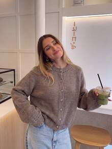 Women's Ribbed Trim Knit Cardigan, Loose Long Sleeve Button-Up Top, Suitable For Christmas, Halloween, Thanksgiving And Daily Wear - Grey - View 3