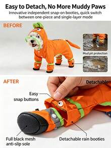 Orange Carrot Style Waterproof Dog Raincoat Set, Includes 1pc Raincoat And Waterproof Leash, Multiple Colors Available, Windproof And Fully Waterproof, Full Coverage Design, With Special Fasteners, Non-Slip Rubber Sole, Adjustable Hook And Loop, Full Paw Coverage And Reflective Strips - Multicolor - View 5