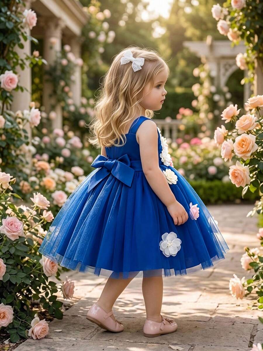 Baby Girls Thick Strap 3D Flower Mesh Flower Girl Dress, Suitable For Birthday Party, Headband Not Included - Royal Blue - View 1