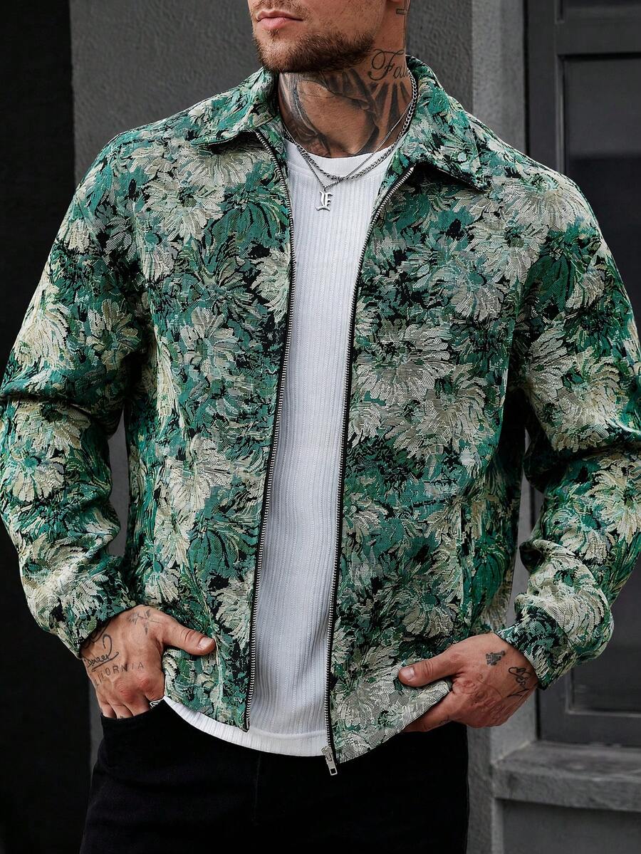 Men's Fashionable Vintage Green Floral Jacquard Jacket - Multicolor - View 1