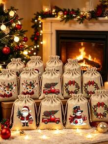 5/12pcs Christmas Burlap Gift Bags, Christmas Gift Bags, Reusable Drawstring Bags, 5 Christmas-Themed Designs Randomly Shipped, Suitable For Christmas Party Favors, Birthday Gifts, Christmas Tree Decorations - Type a - View 2
