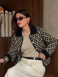 Cardigan Rajut Motif Houndstooth Hitam Putih, Kerah dan Manset Kontras, Kancing Depan, Potongan Longgar, Lengan Panjang, Cardigan Musim Gugur Elegan untuk Wanita - Hitam - View 1