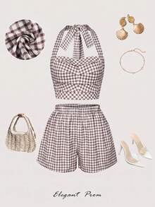 AIJ Women's Cute Plaid Print 2 Pieces Set, Halter Tie Back Shirred Cropped Top & Elastic Waist Shorts, Autumn Brown & White Casual Vacation Style Matching Outfit, Suitable For Beach, Outings, Holidays - Brown - View 9