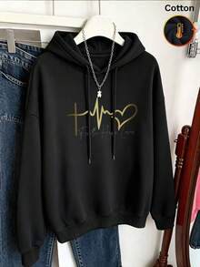 Warm Fleece-Lined Oversized Women's Sweatshirt, Casual Daily Wear, Long Sleeve Hoodie, Outerwear Top, Y2K, Men's, Cold Weather Clothing, Streetwear - Black - View 3