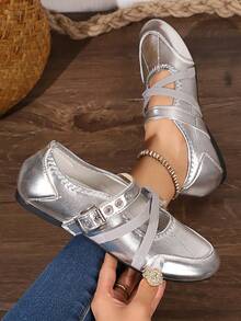 1 Pair Silver Buckle Flat Mary Jane Shoes, Fashionable Collegiate Style - Silver - View 6