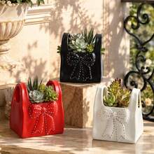 1pc Girly Style Handbag Shaped Flower Pot With Bow, Exquisite Embossed Design, Vanity Decor, Rental Home Soft Furnishing, Best Friend Gift, Desktop Succulent Planter Container - Handbag Planter - View 3