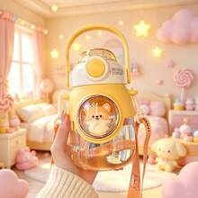 Multi-Color Cute Character Decorative Large Capacity Plastic Belly Water Bottle With Handle And Wearable Shoulder Strap, Anti-Spill Straw Cup, Suitable For Fashion-Oriented Users, Popular Fun Theme Vessel, Applicable For Travel, Housework, Gaming, Sports, Daily Outings - Multicolor - View 14