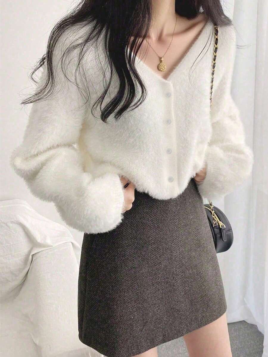 Áo khoác cardigan dài tay màu trơn dành cho nữ, kiểu dáng áo len đa năng, thích hợp cho mùa thu/đông. - trắng - Xem 1