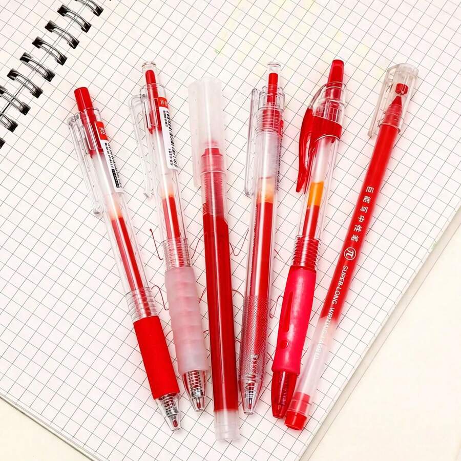 6pcs Red Gel Pen Set, High-Quality Retractable Red Ink Ballpoint Pens, 0.5mm Fine Tip, Teacher Grading Marking Pens, Suitable For Student Homework Scoring, Error Correction, Key Note Marking, School Office Supplies - A - View 1