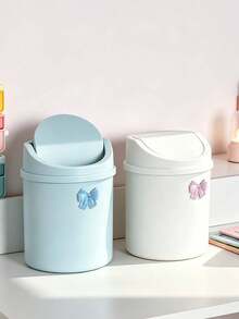 Cute Desktop Trash Can With Bow Decor,Mini Table Waste Bin,Portable Countertop Garbage Bucket,Flip Cover With Lid,For Bedroom,Dorm,Office,Makeup Desk,Countertop,Home Essentials,Unique Birthday Gift,Back-To-School Gift,Holidays Gift,Parties Gift - B - View 8