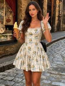 Vuslat Women's Autumn French Sweet Creamy Yellow Rose Ribbon Floral Lace Trim Puff Sleeve Corset Waist Satin Full Skirt, Girly Gentle Style Slimming Flattering Floral Mini Dress, Versatile For Commute, Date, Vacation, Beach, Wedding, Party, Graduation, Independence Day, Back To School - Multicolor - View 2