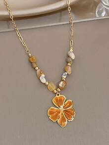 Caramel Color Flower Asymmetric Stone Chain Necklace Set For Women Sun Pendant Stainless Steel Chain For Party Birthday Autumn Winter Jewelry Gift - Multicolor - View 11