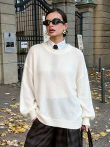 Fall Slouchy Round Neck Long Sleeve Pullover Knit Sweater Loose Fit Casual Solid Color Thin - White - View 6