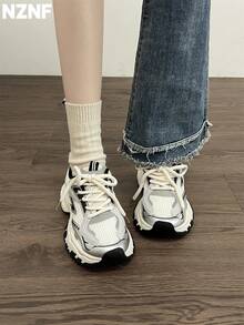 NZNF Flattering Chunky Sneakers For Women, White Color, Increased Height, Retro Thick Sole, Low-Top, Autumn 2025 New Arrival - Black - View 8