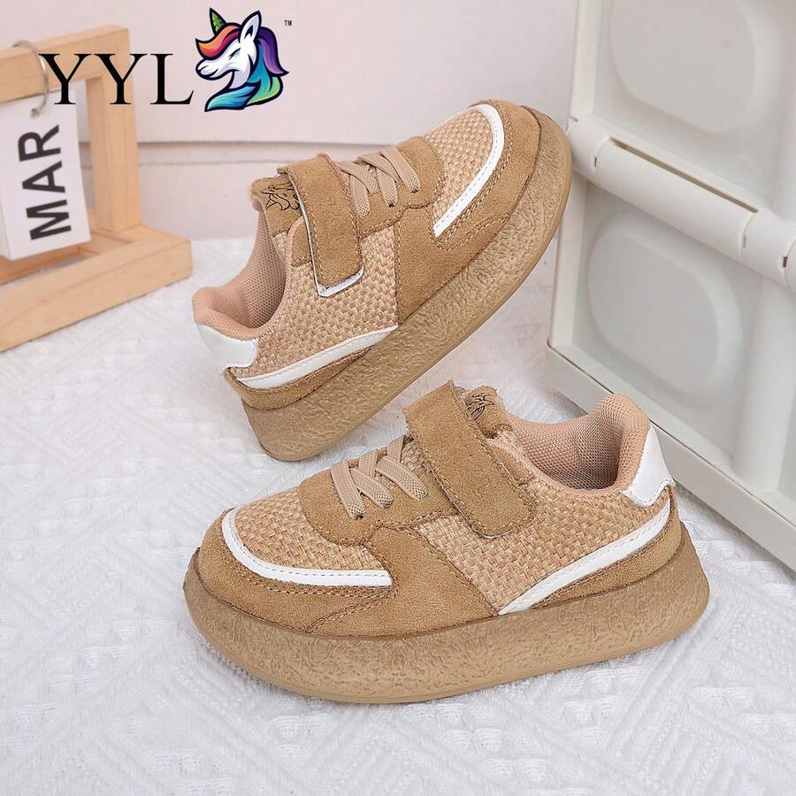 Vintage Khaki Kids' Sports Shoes, Soft Sole, Anti-Slip, Wear-Resistant, Hook And Loop Closure, Easy To Put On And Take Off - Khaki - View 1