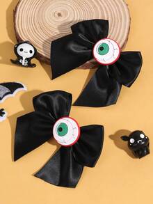 2pcs Black Grosgrain Ribbon Bows With Green Eyeball Decor Alligator Clips Halloween Gothic Hair Clips Teens Hair Accessories - Multicolor - View 5