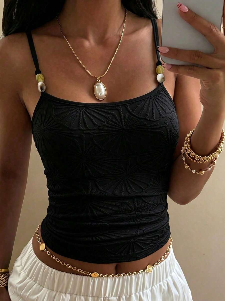 1pc Solid Color Textured Beaded Elegant Camisole Tank Top For Women - Black - View 1