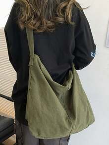 軍綠色帆布大容量女款單肩斜跨包 休閒軟塌托特手提包 適合日常上學旅行 - 墨綠色 - 查看 5