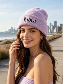 1pc Women's Cuffed Knitted Beanie Hat With 12 Zodiac Sign Print, Soft Stretchy Warm Fall Winter Ladies Headwear, Versatile Cap For Urban Walks - Purple - View 4
