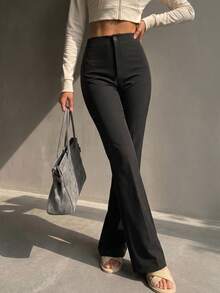 Women's Elegant Flared Pants, Solid Color Knit Stretch Trousers, Ideal For Work And Daily Wear, Effortlessly Create A Stylish Look. - Black - View 1