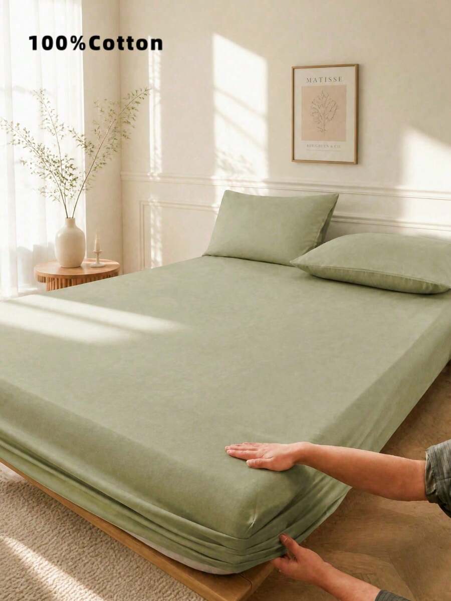1pc 100% Pure Cotton Light Green Fitted Sheet, Deep Pocket Design, Solid Color Soft & Breathable, Suitable For All Seasons, Can Be Used As Bedroom Mattress Protector, Mattress Cover, Fitted Sheet, Soft & Breathable, Fits All Bed Sizes - Twin, Full, Queen, King. Deep Pocket Design, Up To 11.8 Inches (Approx. 30cm), Also Suitable As Bed Cover, Student Dorm Fitted Sheet. - Deep Mint - View 1