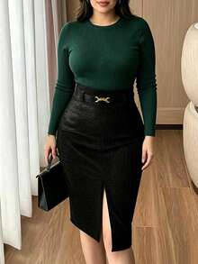 Women's Elegant Velvet Embossed Wrap Skirt With Lining, High Waist Slit With Metal Buckle, Suitable For Daily Wear, Dates And Parties, Autumn, Polyester - Black - View 2
