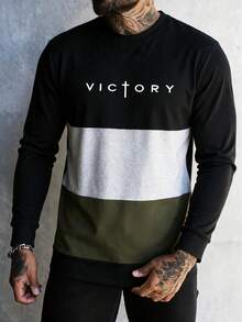 Men's Spring/Autumn Minimalist English Print Patchwork Slim Fit Regular Shoulder Crew Neck Long Sleeve T-Shirt - Black - View 2