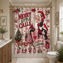 1 pieza/4 piezas Juego de cortina de ducha con decoración de baño vintage rosa de Papá Noel con llamada telefónica multifunción, 12 ganchos gratis, atmósfera festiva premium, alfombra de baño, alfombra de piso en forma de U y tapa de inodoro redonda, adecuado para todas las escenas de decoración navideña - Papá Noel llama por teléfono - Ver 12