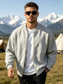 Men's Zipper Flight Jacket, Lightweight Jacket, Solid Color, Husband, Long Sleeve, Work, Suitable For Autumn - Light Grey - View 3