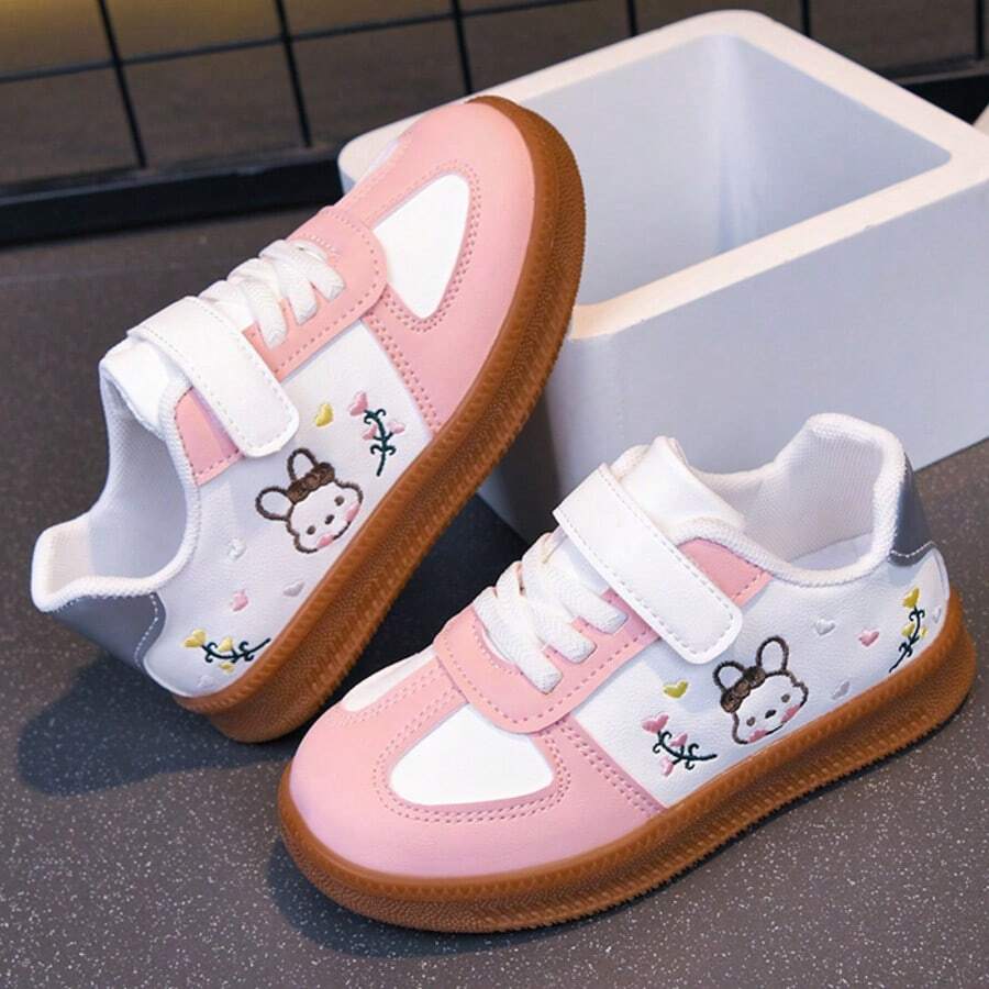 Girls' Cute Rabbit Embroidered Soft Sole Non-Slip Hook And Loop Casual Sneakers, Versatile Daily School Shoes - Pink - View 1