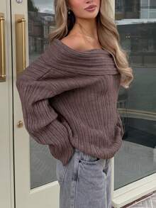 Just Masa Women's Autumn Y2K Casual Elegant Brown Cold Shoulder Folded Collar Pullover Sweater, Solid Color Long Sleeve Ribbed Knit Top, Suitable For Outings And Daily Wear - Khaki - View 7