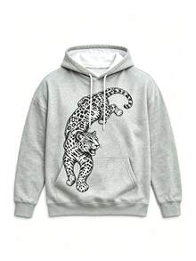 Fashion Men's Hooded Sweatshirt Black & White Leopard Print All-Over Jump Graphic Drawstring Kangaroo Pocket Casual Street Style Pullover Sweatshirt - Grey - View 3