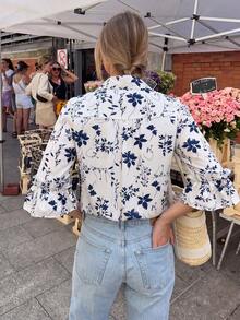 Women's White Blue Floral Print Shirt, Collared Button Down Blouse, Loose Fit Fall Top - Black and White - View 3