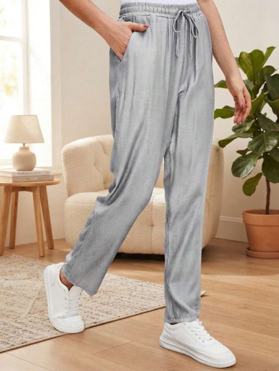 Jisfaneya Light Gray Slim Fit Casual Pants With Elastic Waistband, Drawstring Pockets And Textured Fabric, Suitable For Spring/Summer Daily Wear - Light Grey - View 1