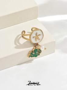 1pc Vintage Stainless Steel Ring Oil Dripping White Starfish Pattern Ring Green Octopus Pendant Open Ring For Women Jewelry - Ring - View 4