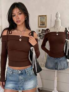 Women's Y2K Style Off-Shoulder Lace-Up Top, Solid Color Minimalist Exposed Shoulder Top, Spring/Autumn Long Sleeve T-Shirt, Suitable For Daily Casual Wear - Brown - View 6