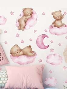 1pc Cartoon Bear Goodnight Cloud Moon Wall Sticker For Kids Bedroom Home Decor - Pink Teddy Bear - View 6