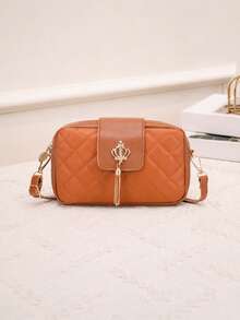 1pc Women's Luxury Quilted Small Square Bag, Crown Tassel Decor Crossbody Bag, Adjustable Strap Minimalist Versatile Camera Bag - M1915 - View 10