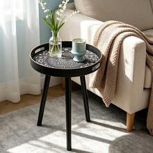 Bohemian Round Side Table,Plastic With Handles,Blue Maze Pattern Side Table,Modern Vanity And Serving For Ottoman,Coffee Table,Kitchen And Bathroom,Small Home Furniture,For Living Room,Bedroom,Balcony,Ideal Holiday Housewarming Gift - Black - View 8
