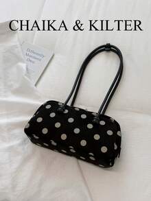 CHAIKA & KILTER 1件裝配色磨砂麂皮布料女款時尚大容量保齡球包 全身波點圖案 雙手柄設計 拉鍊開合 適合日常與街頭使用 - 黑色 - 查看 10