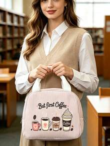 Striped Lunch Bag Featuring Coffee-Themed Patterns And Lettering.Reusable Insulated Lunch Box, Large Capacity Thermal Bag, Comes With Black Utensil Storage Bag, Snack Storage Bag, Multi-Functional Travel Storage Bag, Makeup Bag, Toiletry Bag, Suitable For School, Commute, Dorm, Picnic, Vacation, Birthday Gift, Halloween Christmas Gift - Multicolor - View 7