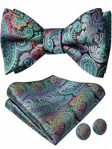 Paisley Striped Bow Tie For Men Silk Pre-Tied Bowtie Pocket Square Cufflinks Set Formal Wedding Party Prom - Mint Green - View 1