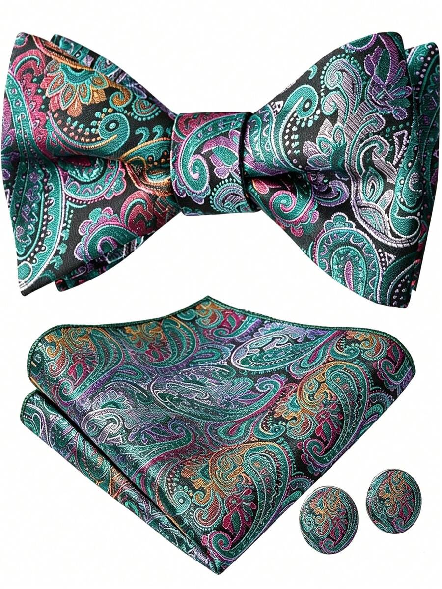 Paisley Striped Bow Tie For Men Silk Pre-Tied Bowtie Pocket Square Cufflinks Set Formal Wedding Party Prom - Mint Green - View 1