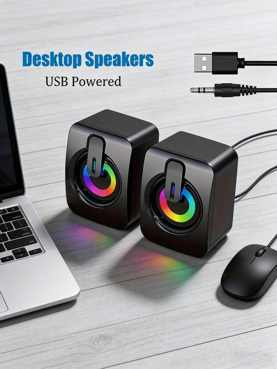 RGB LED Wired Desktop Speakers, USB Powered 3.5mm AUX Mini Stereo PC Speakers With In‑Line Volume Control, Compact Bass Gaming Audio For Laptop, Tablet & Desktop Computer, Note: No Bluetooth Function, Limited Max Output Volume