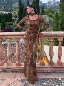 Fall Effortless Chic Abstract Print Mesh Maxi Dress Women Vintage Print Long Sleeve Side Ruched Bodycon Elegant Party Club Dress With Scarf - Multicolor - View 3
