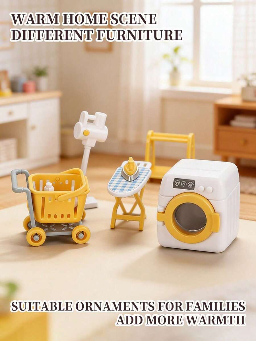 Set Aksesori Ruang Cuci Miniatur Rumah Boneka, Mainan Rumah Tangga untuk Bermain Peran Anak-Anak dengan Mesin Cuci, Setrika & Penyedot Debu, Set Mainan Rumah Boneka Lengkap untuk Anak-Anak (WARNA AKSESORI PRODUK ACAK.)